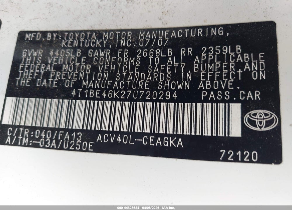 2007 TOYOTA CAMRY XLE VIN: 4T1BE46K27U720294