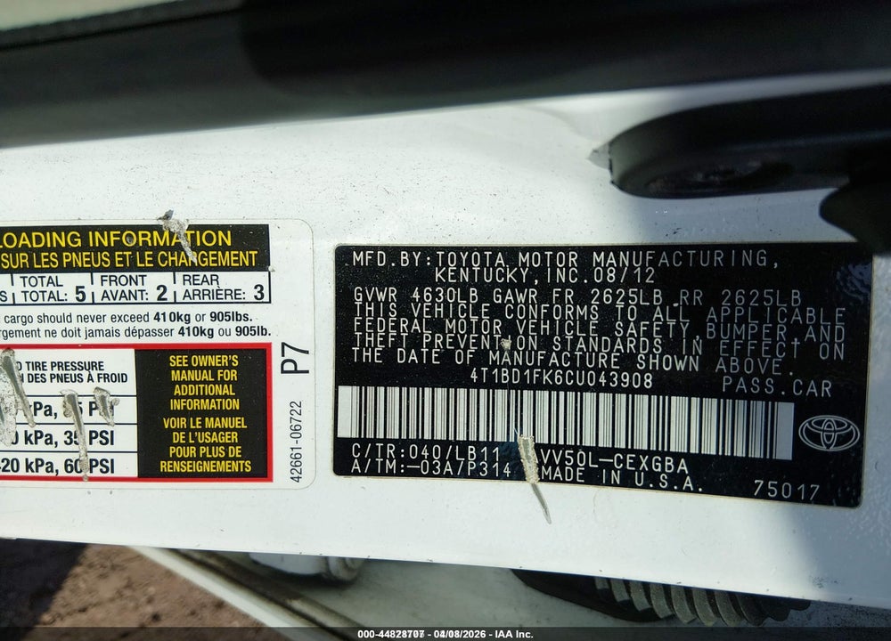 2012 TOYOTA CAMRY HYBRID XLE VIN: 4T1BD1FK6CU043908