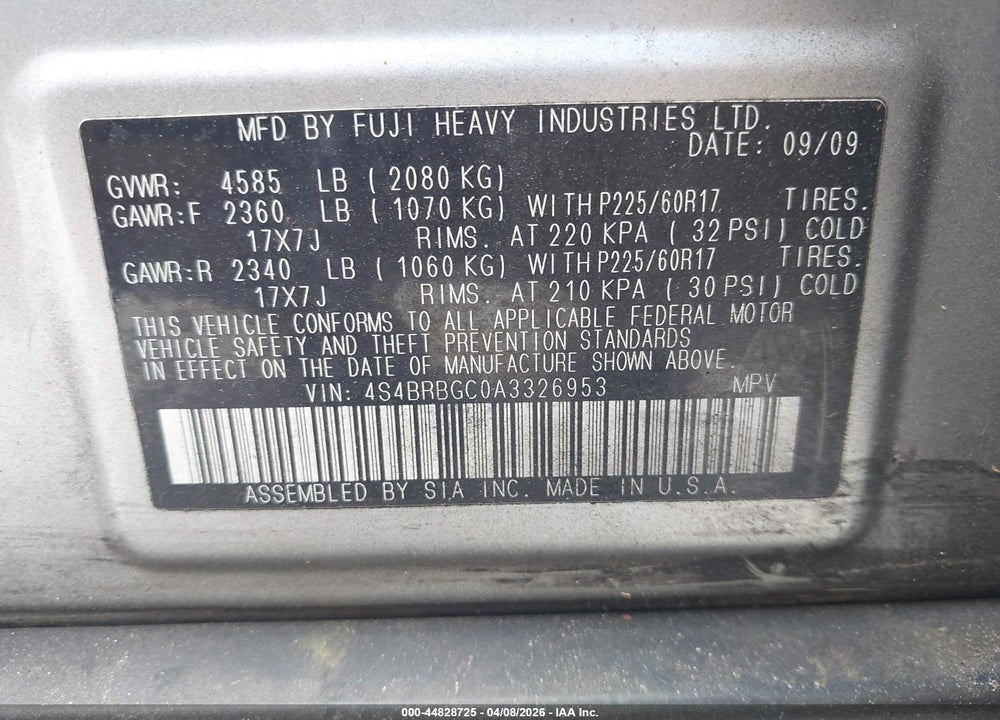 2010 SUBARU OUTBACK 2.5I PREMIUM VIN: 4S4BRBGC0A3326953