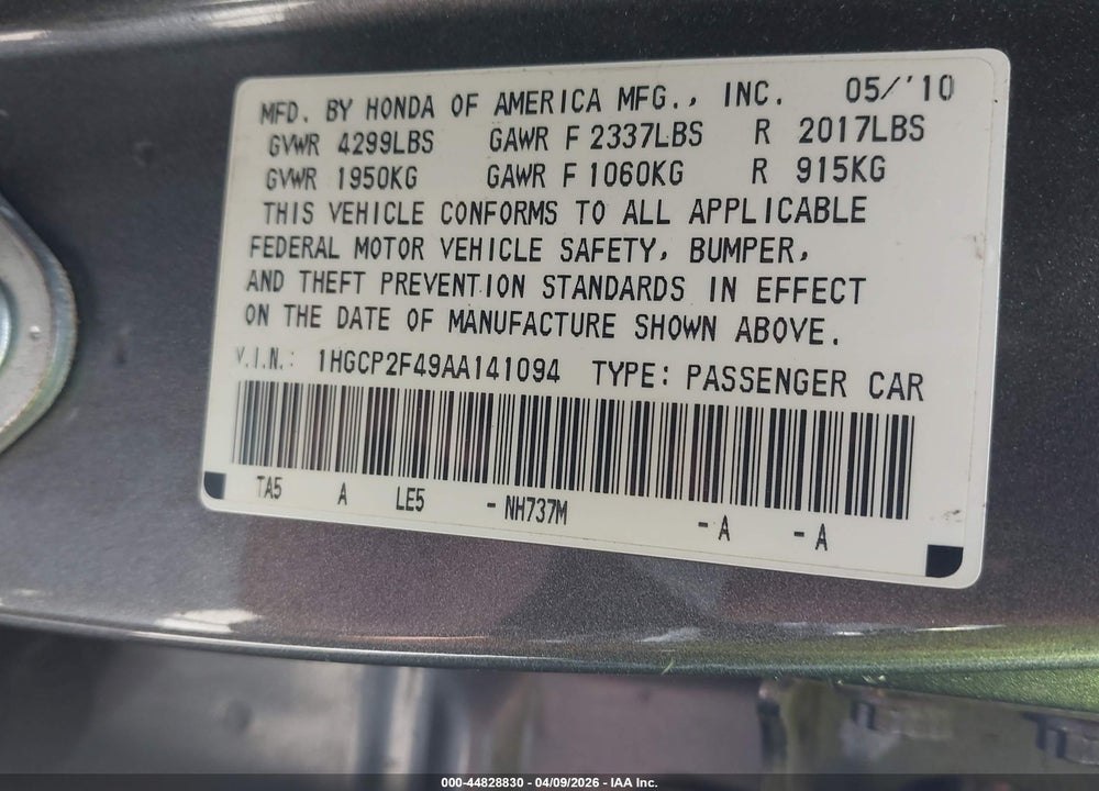 2010 HONDA ACCORD 2.4 LX-P VIN: 1HGCP2F49AA141094