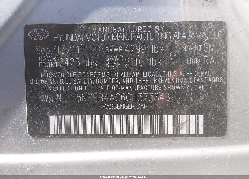 2012 HYUNDAI SONATA GLS VIN: 5NPEB4AC6CH373843