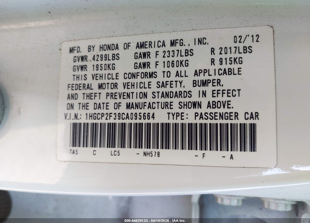 2012 HONDA ACCORD 2.4 LX VIN: 1HGCP2F39CA095664