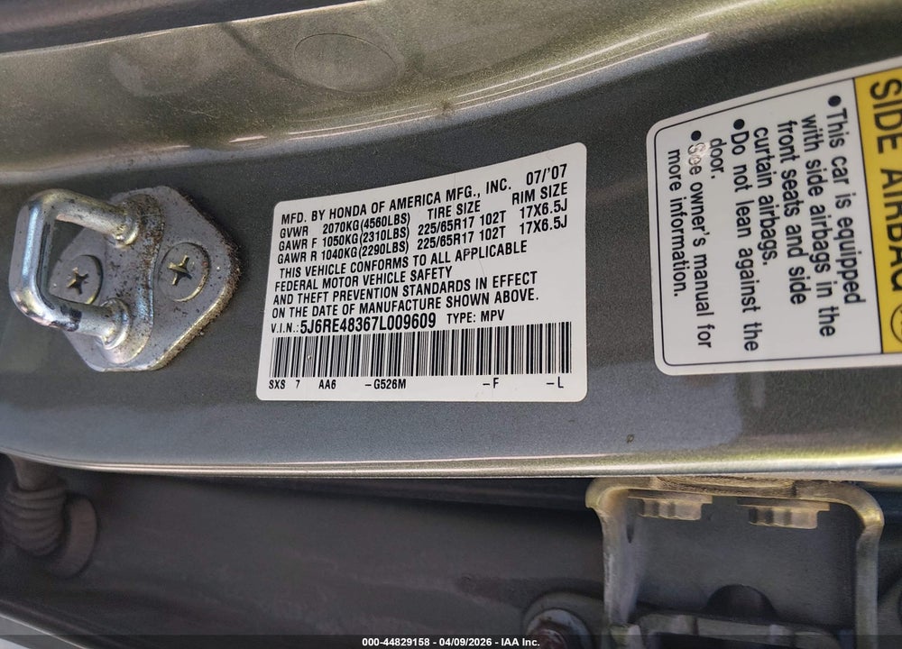 2007 HONDA CR-V LX VIN: 5J6RE48367L009609