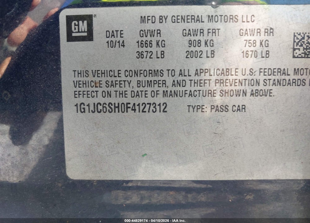 2015 CHEVROLET SONIC LT AUTO VIN: 1G1JC6SH0F4127312