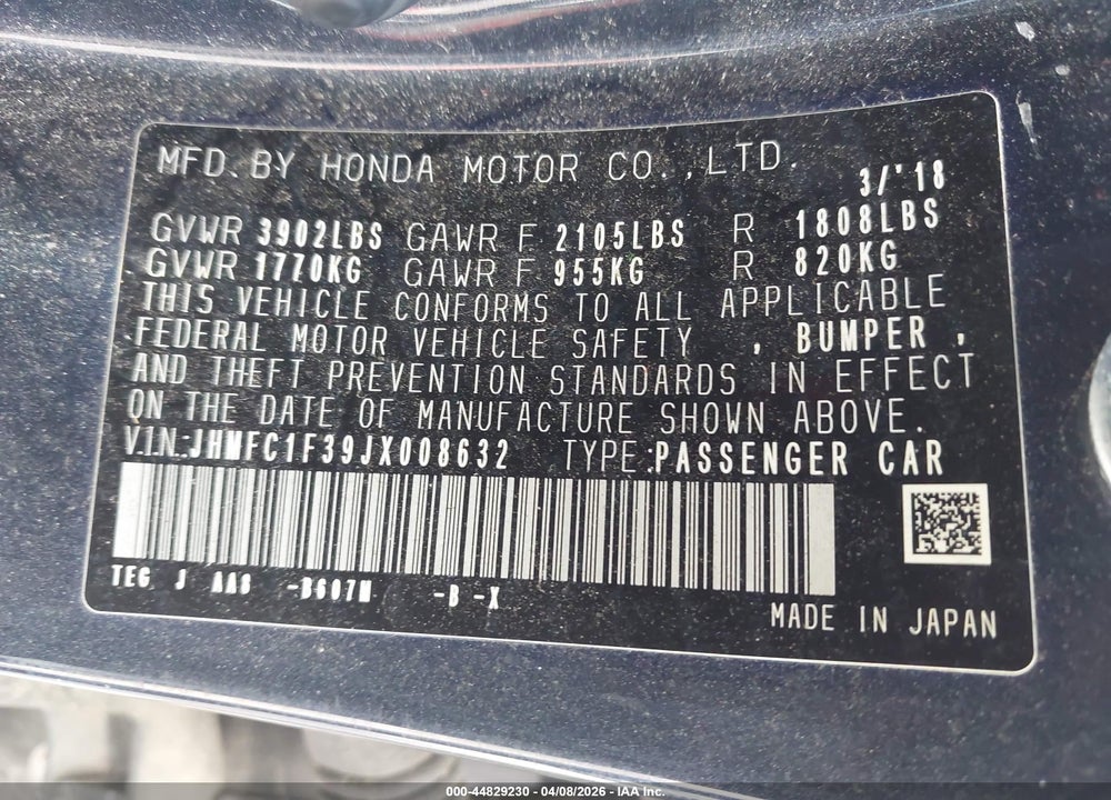 2018 HONDA CIVIC EX-T VIN: JHMFC1F39JX008632
