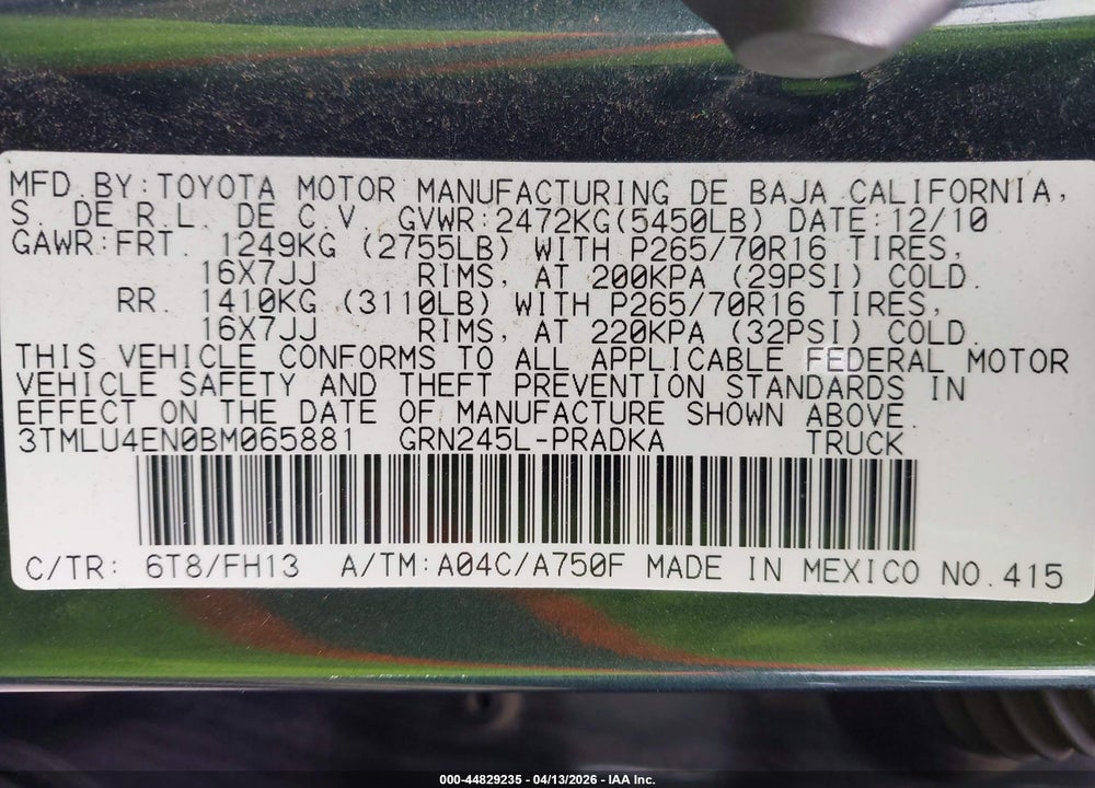 2011 TOYOTA TACOMA BASE V6 VIN: 3TMLU4EN0BM065881