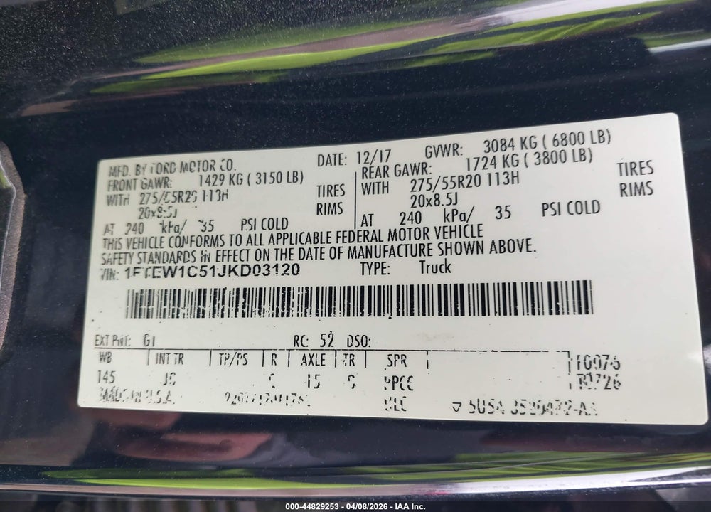 2018 FORD F-150 XL VIN: 1FTEW1C51JKD03120