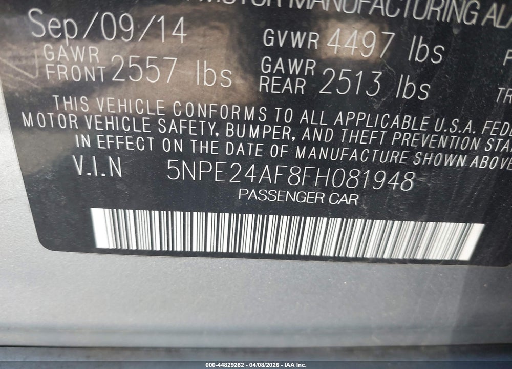 2015 HYUNDAI SONATA SE VIN: 5NPE24AF8FH081948