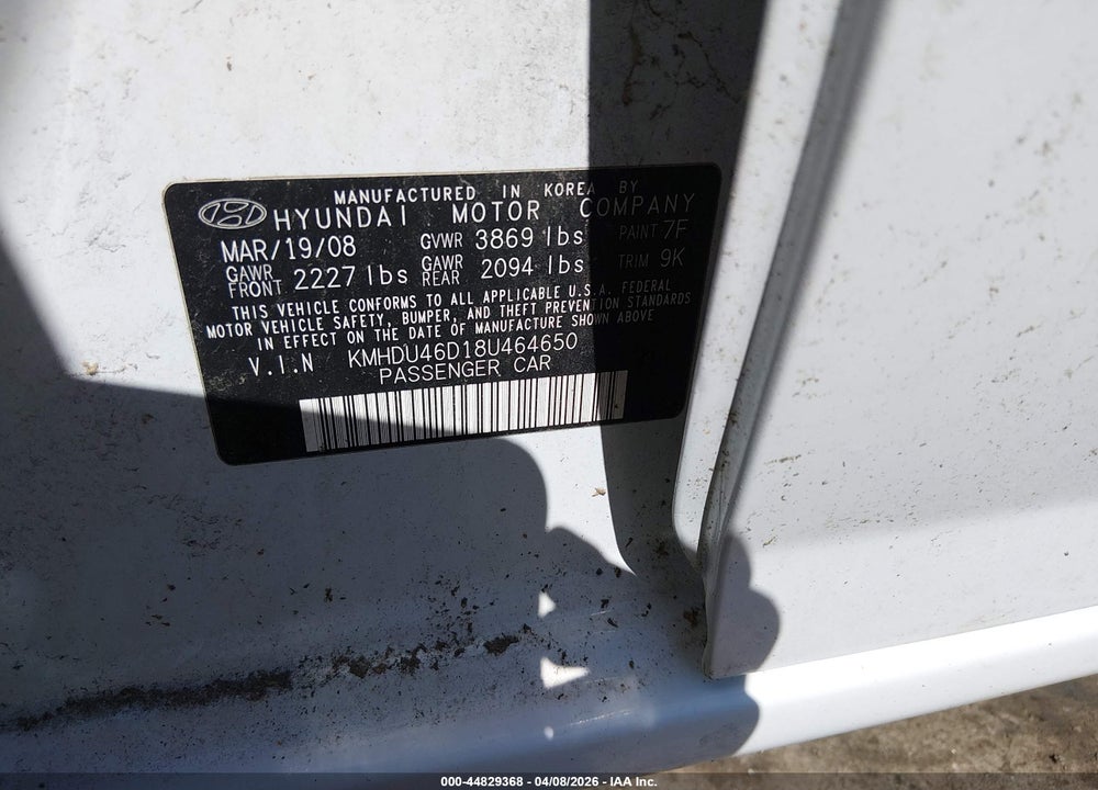 2008 HYUNDAI ELANTRA GLS/SE VIN: KMHDU46D18U464650