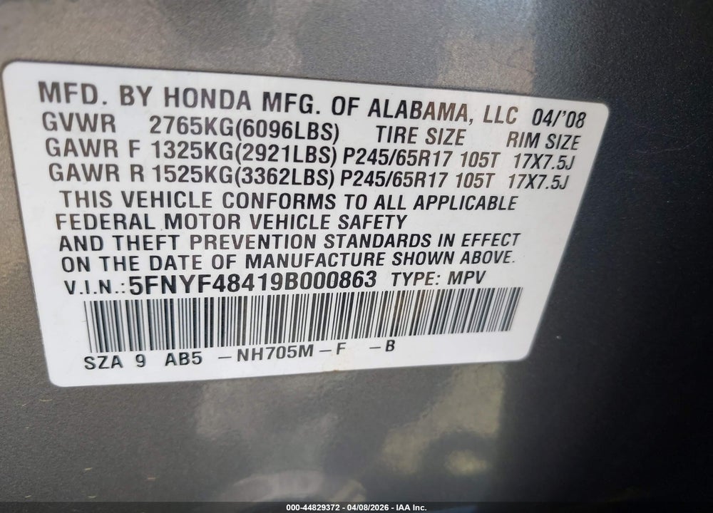 2009 HONDA PILOT EX VIN: 5FNYF48419B000863
