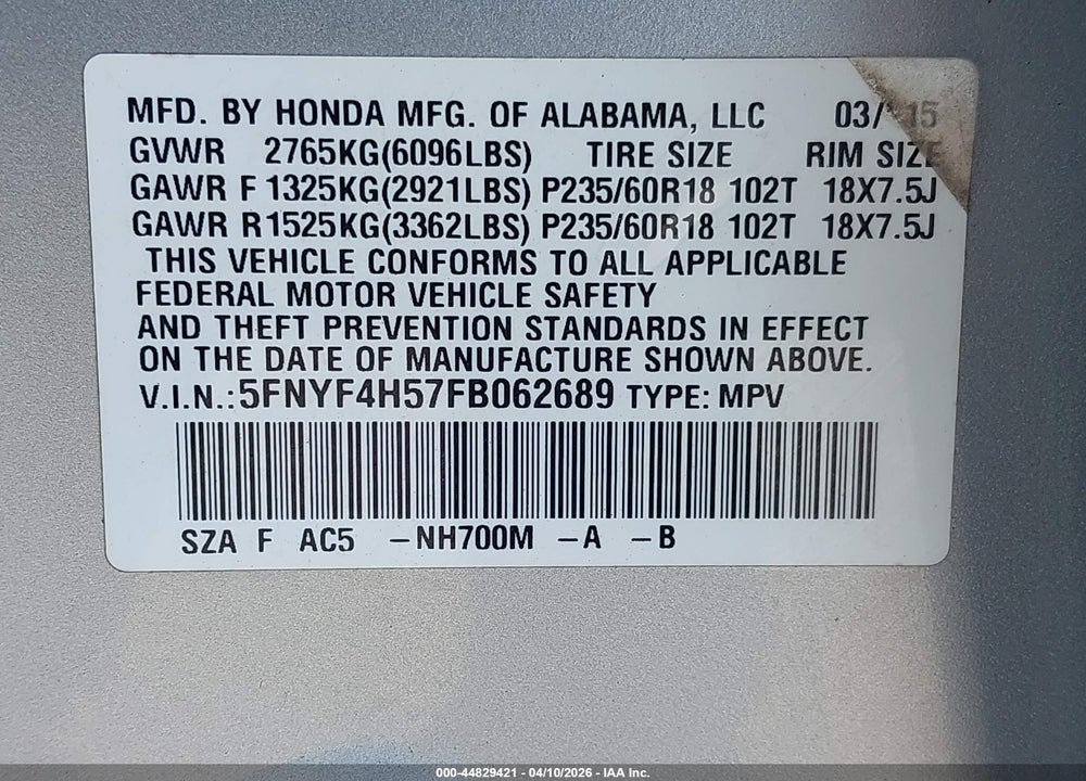 2015 HONDA PILOT EX-L VIN: 5FNYF4H57FB062689
