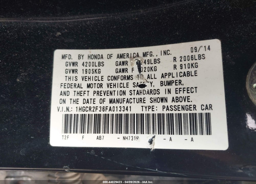 2015 HONDA ACCORD LX VIN: 1HGCR2F36FA013341