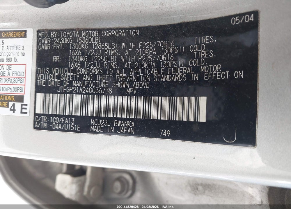 2004 TOYOTA HIGHLANDER V6 VIN: JTEGP21A240036738
