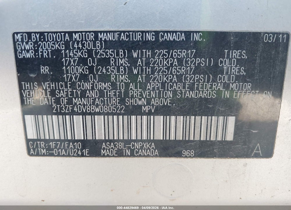 2011 TOYOTA RAV4 VIN: 2T3ZF4DV8BW080522