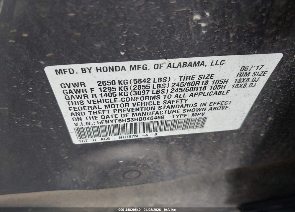 2017 HONDA PILOT EX-L VIN: 5FNYF6H53HB046469