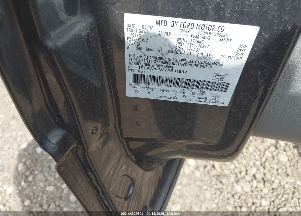 2007 FORD F-150 FX4/LARIAT/XLT VIN: 1FTPW14V37FB31892