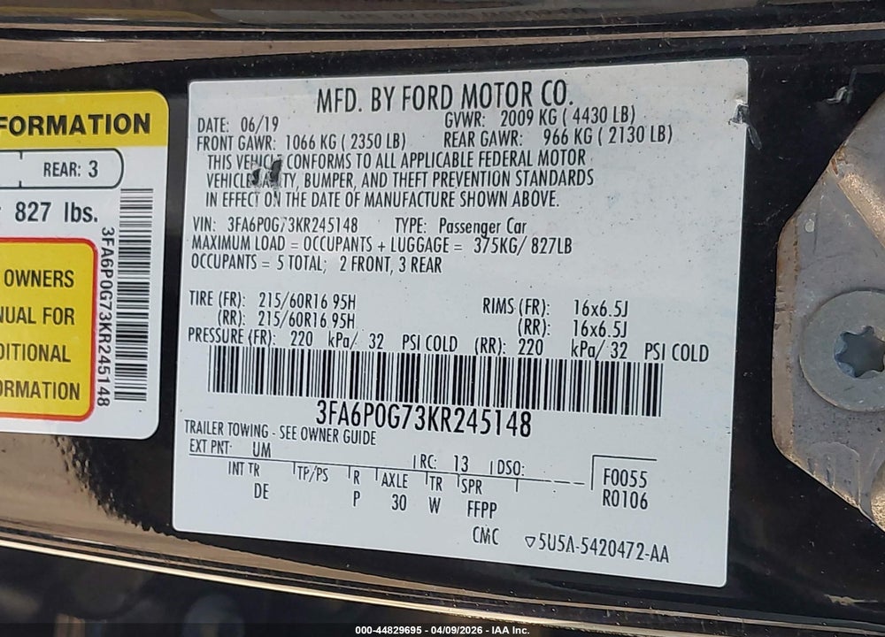 2019 FORD FUSION S VIN: 3FA6P0G73KR245148