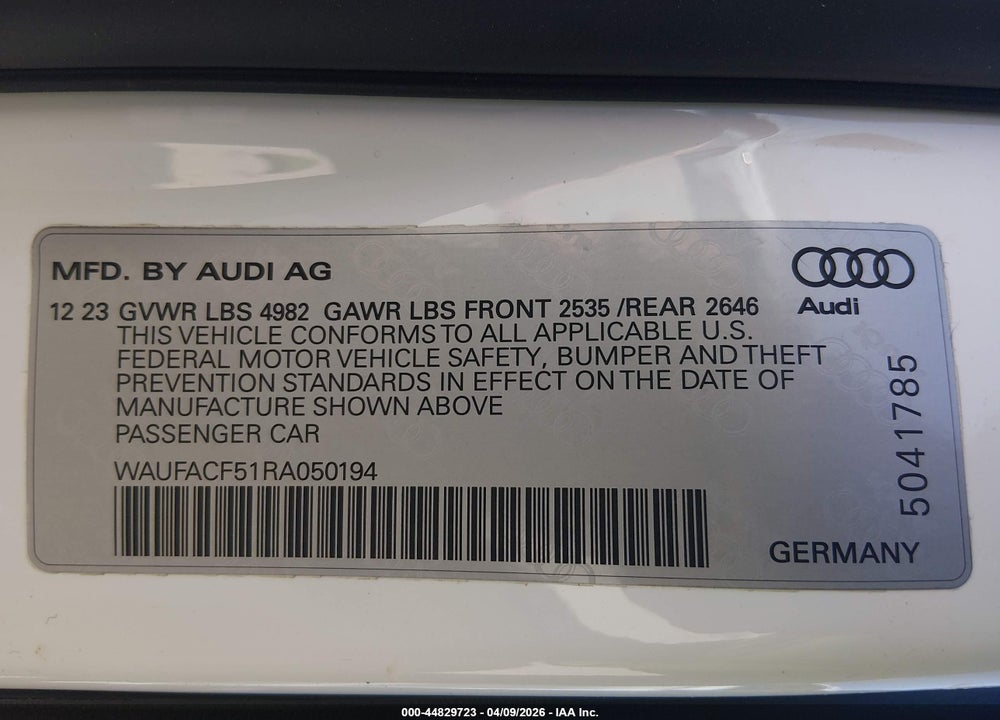 2024 AUDI A5 SPORTBACK PREMIUM PLUS 45 TFSI QUATTRO S TRONIC VIN: WAUFACF51RA050194