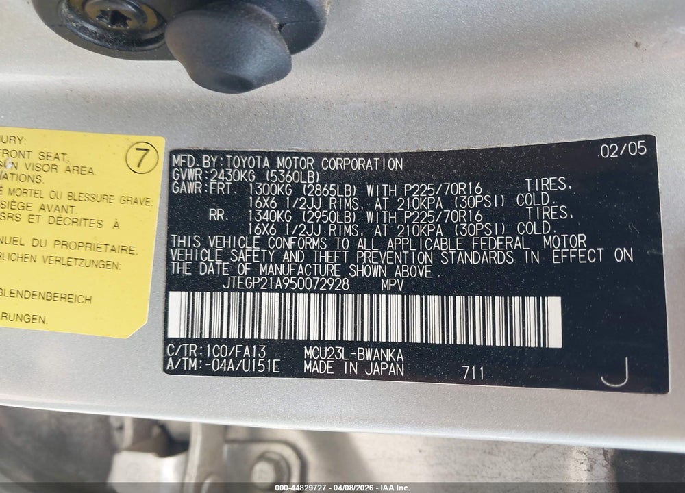 2005 TOYOTA HIGHLANDER V6 VIN: JTEGP21A950072928