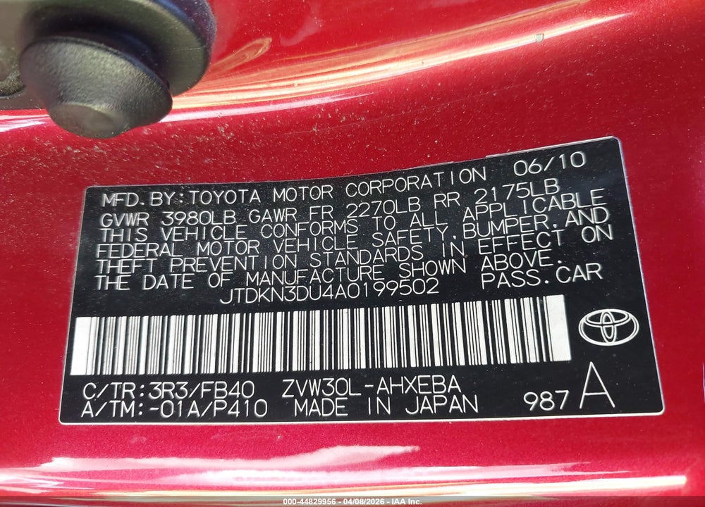 2010 TOYOTA PRIUS II VIN: JTDKN3DU4A0199502