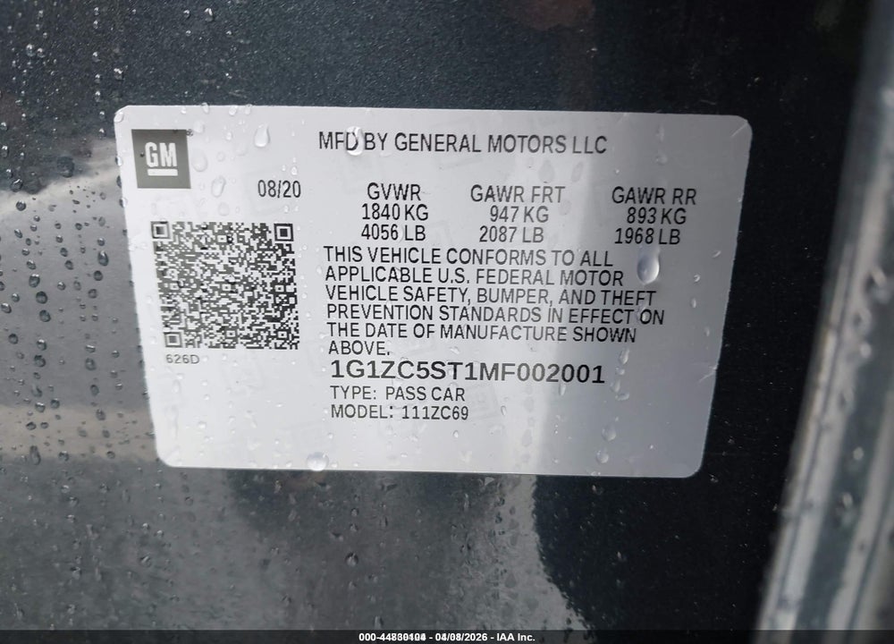 2021 CHEVROLET MALIBU FWD 1FL VIN: 1G1ZC5ST1MF002001