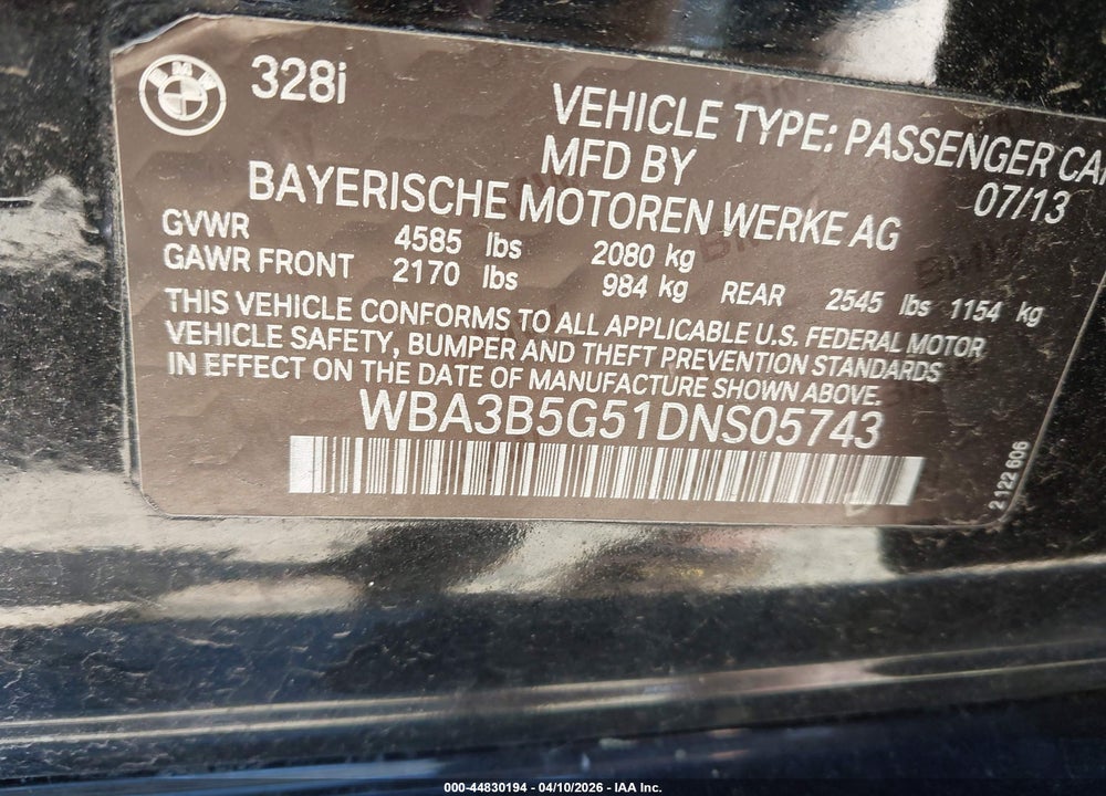 2013 BMW 328I XDRIVE VIN: WBA3B5G51DNS05743