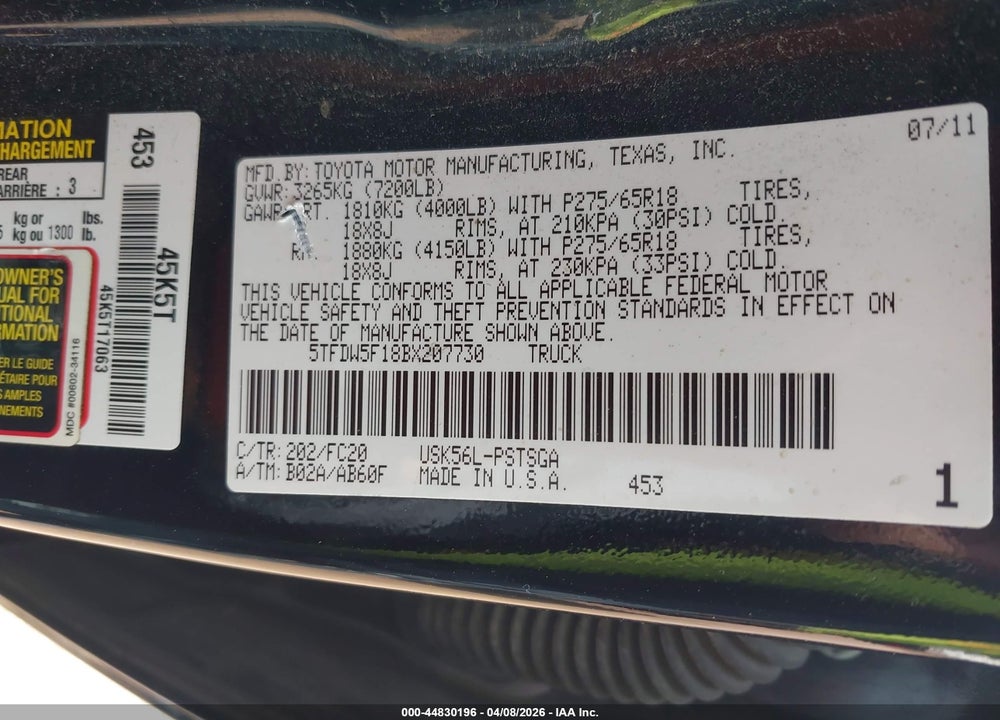 2011 TOYOTA TUNDRA GRADE 5.7L V8 VIN: 5TFDW5F18BX207730