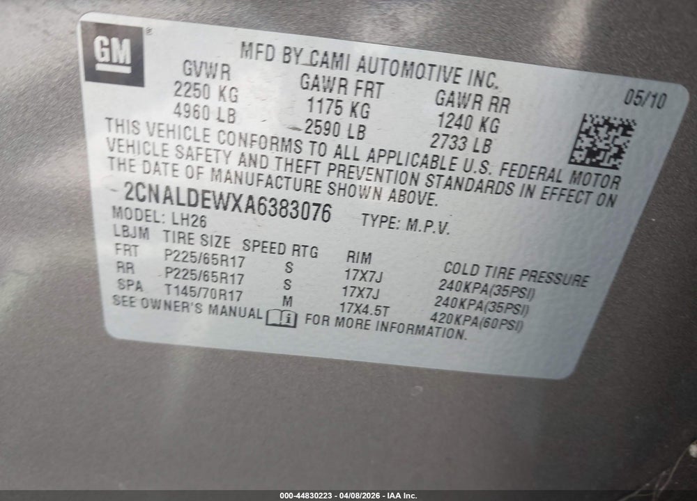2010 CHEVROLET EQUINOX LT VIN: 2CNALDEWXA6383076