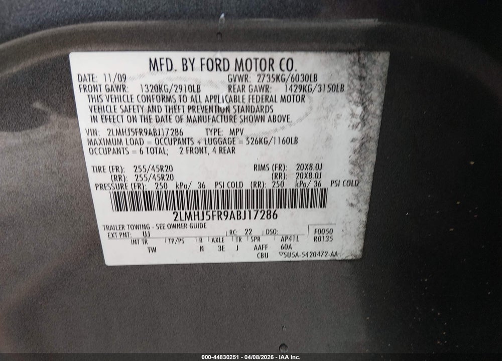 2010 LINCOLN MKT VIN: 2LMHJ5FR9ABJ17286