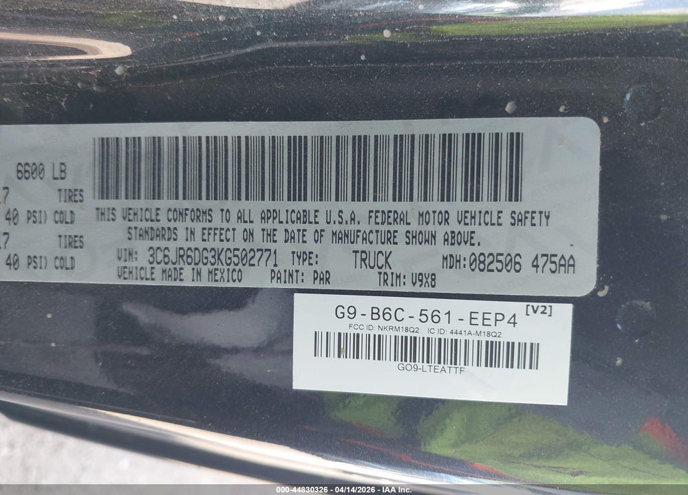2019 RAM 1500 CLASSIC TRADESMAN  4X2 8' BOX VIN: 3C6JR6DG3KG502771