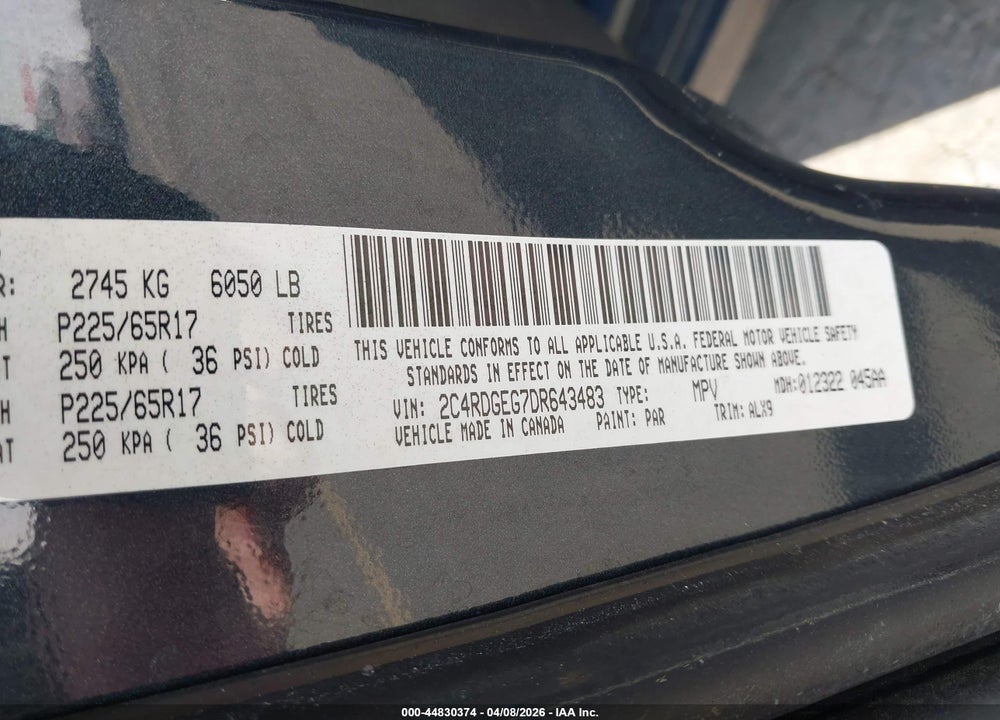 2013 DODGE GRAND CARAVAN R/T VIN: 2C4RDGEG7DR643483