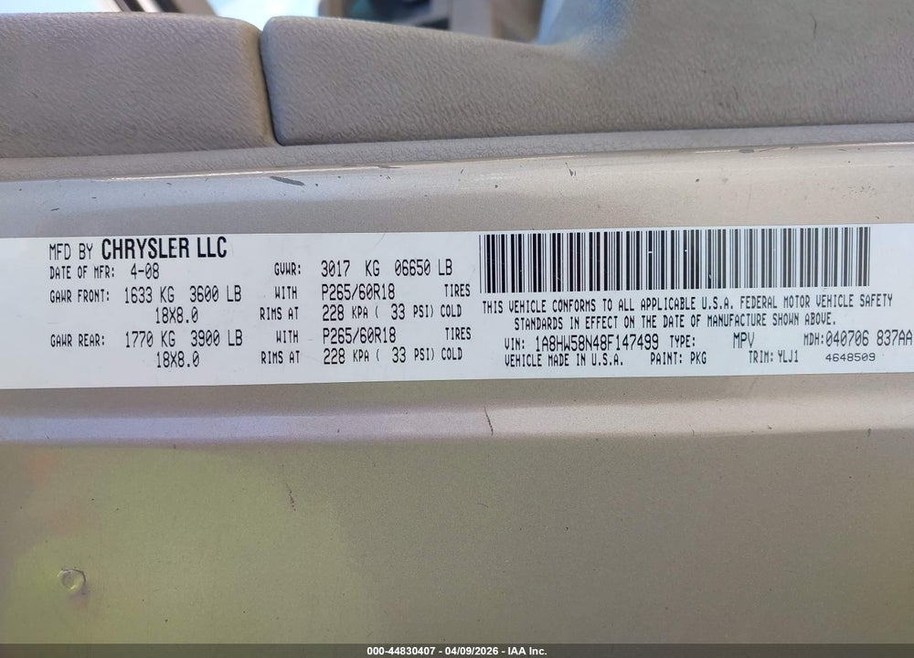 2008 CHRYSLER ASPEN LIMITED VIN: 1A8HW58N48F147499