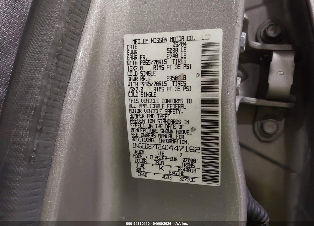 2004 NISSAN FRONTIER XE-V6 VIN: 1N6ED27T24C447162