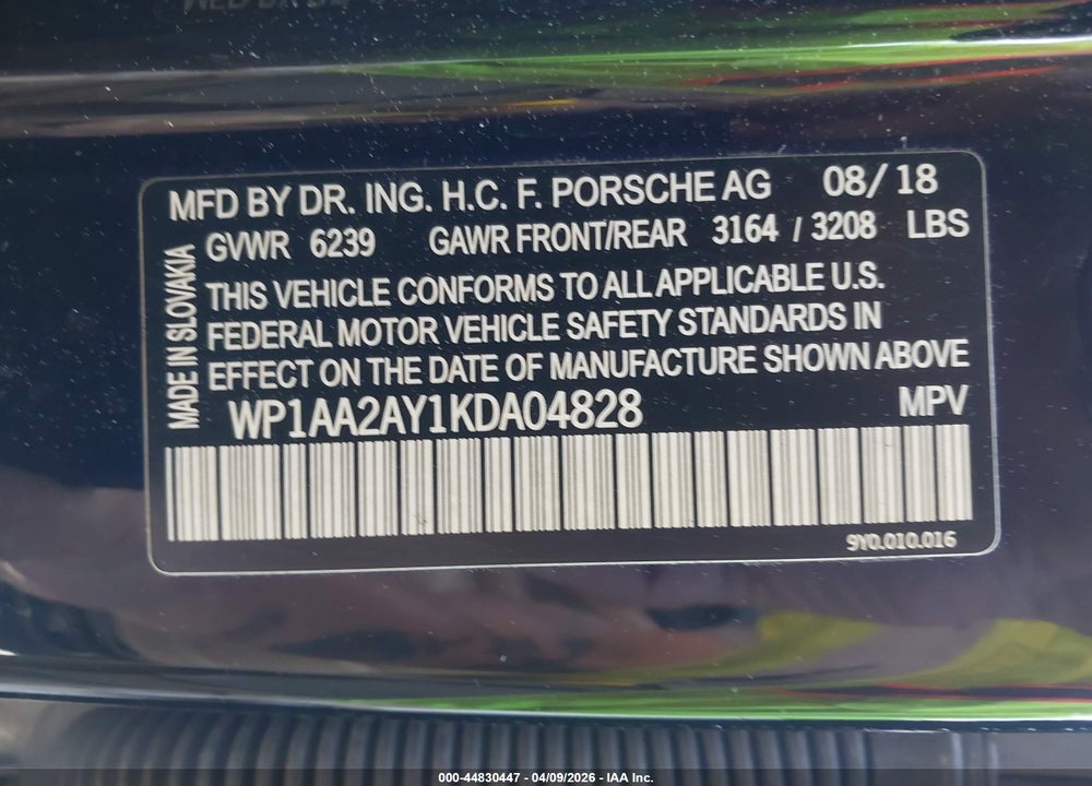 2019 PORSCHE CAYENNE VIN: WP1AA2AY1KDA04828