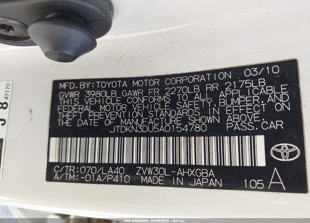 2010 TOYOTA PRIUS IV VIN: JTDKN3DU5A0154780