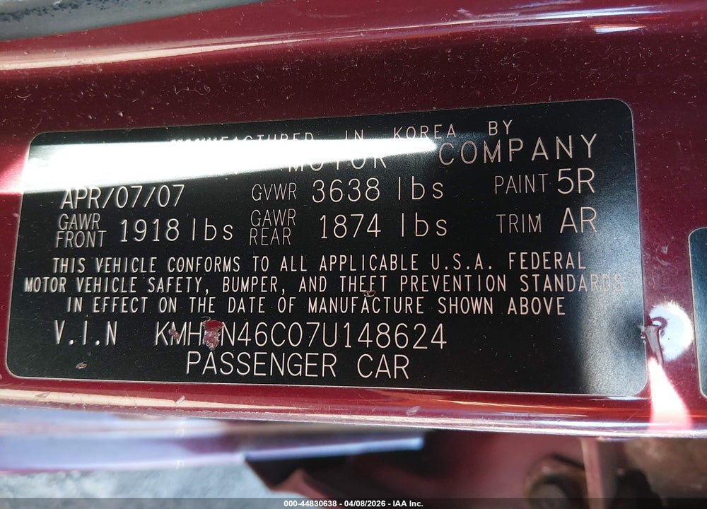 2007 HYUNDAI ACCENT GLS VIN: KMHCN46C07U148624