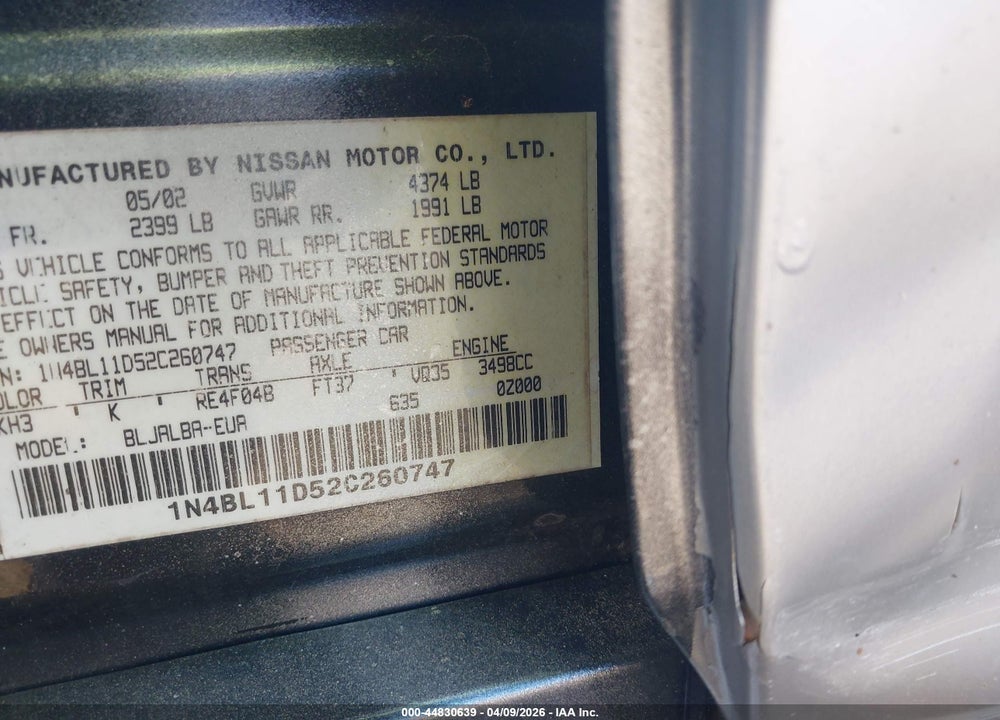 2002 NISSAN ALTIMA 3.5 SE VIN: 1N4BL11D52C260747