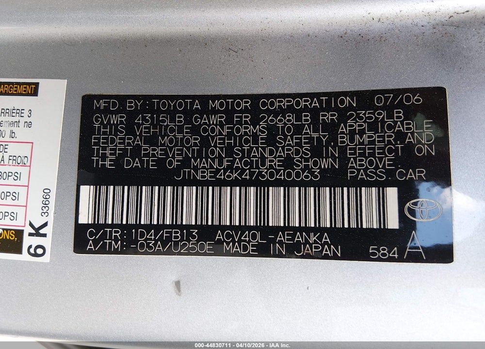 2007 TOYOTA CAMRY LE VIN: JTNBE46K473040063
