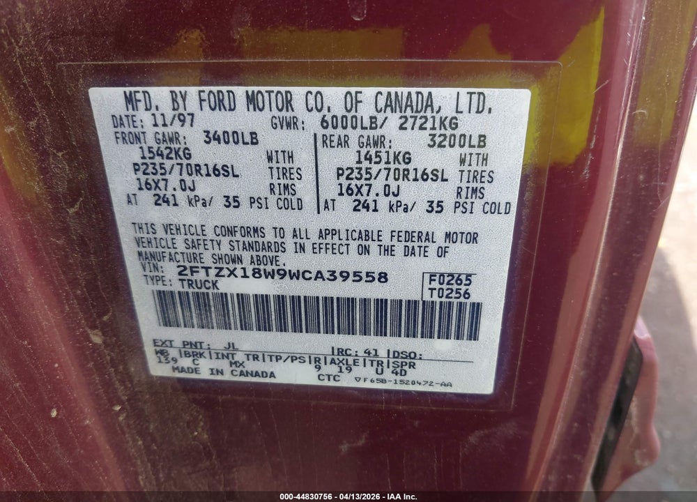 1998 FORD F-150 LARIAT/STANDARD/XL/XLT VIN: 2FTZX18W9WCA39558