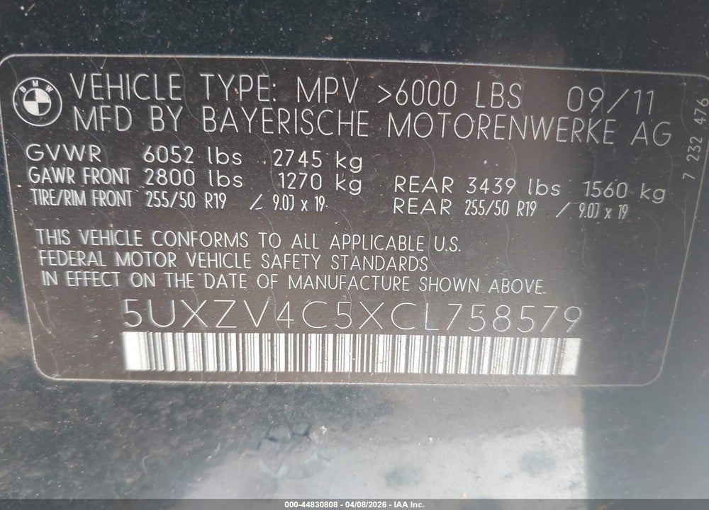 2012 BMW X5 VIN: 5UXZV4C5XCL758579