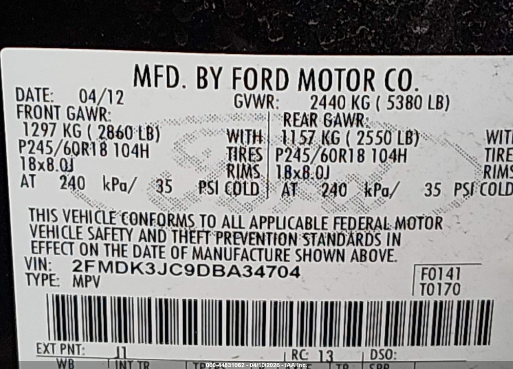 2013 FORD EDGE SEL VIN: 2FMDK3JC9DBA34704