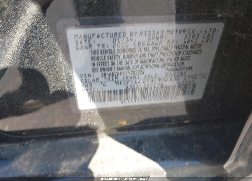 2014 NISSAN SENTRA SV VIN: 3N1AB7APXEY203223