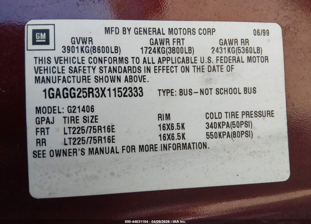 1999 CHEVROLET EXPRESS VIN: 1GAGG25R3X1152333