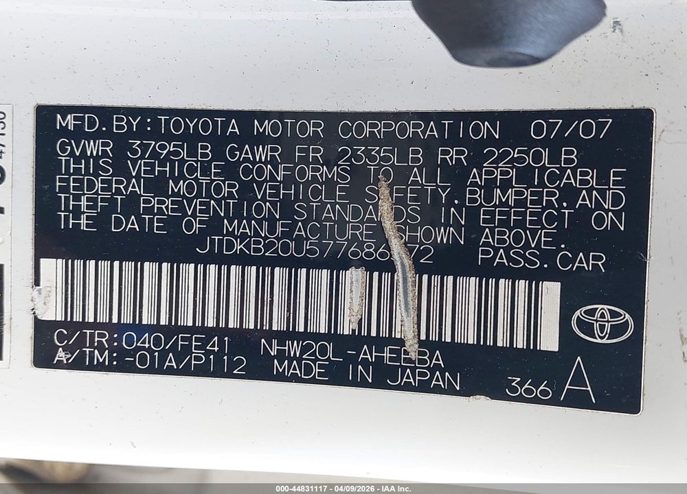 2007 TOYOTA PRIUS VIN: JTDKB20U577686572