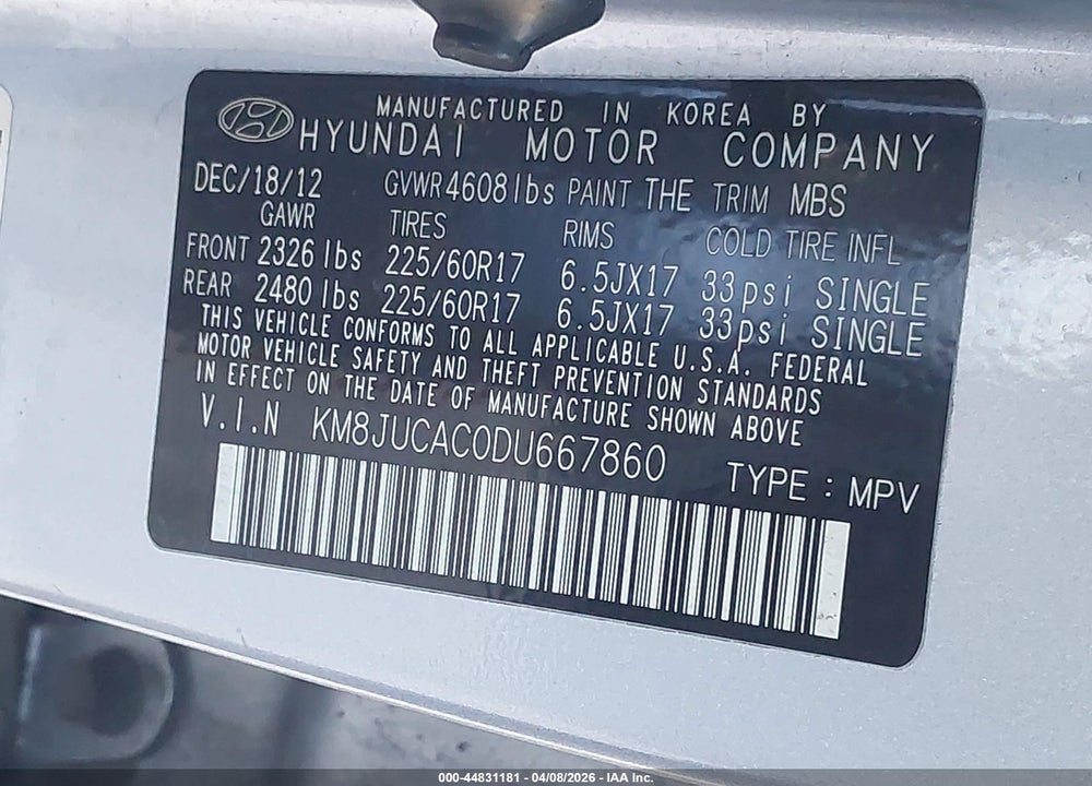 2013 HYUNDAI TUCSON GLS VIN: KM8JUCAC0DU667860