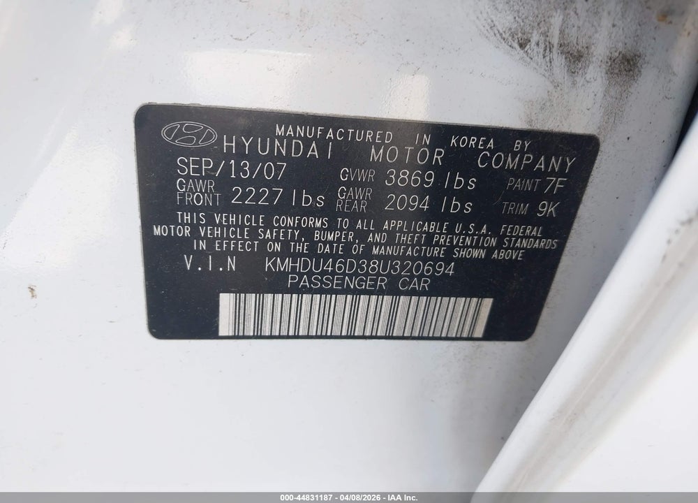 2008 HYUNDAI ELANTRA GLS/SE VIN: KMHDU46D38U320694