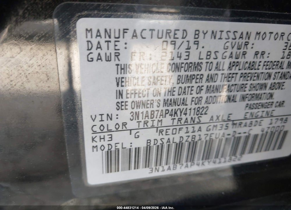 2019 NISSAN SENTRA SV VIN: 3N1AB7AP4KY411822