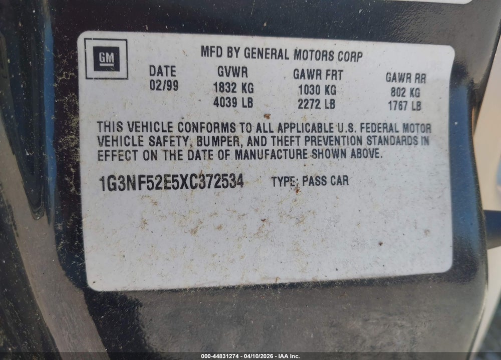 1999 OLDSMOBILE ALERO GLS VIN: 1G3NF52E5XC372534
