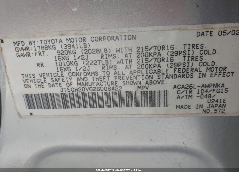 2002 TOYOTA RAV4 VIN: JTEGH20V626008422