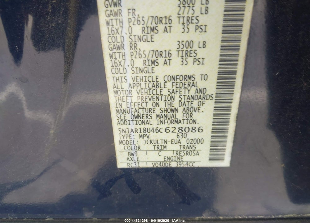 2006 NISSAN PATHFINDER SE VIN: 5N1AR18U46C628086